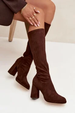 Kozaki Damskie Z Przeszyciami Na Słupkowym Obcasie Brązowe Brivana