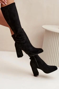 Kozaki Damskie Z Przeszyciami Na Słupkowym Obcasie Czarne Brivana