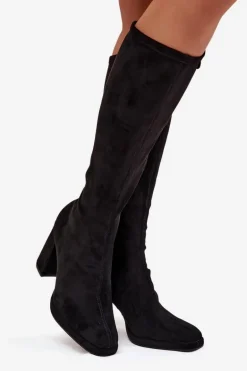 Kozaki Damskie Z Przeszyciami Na Słupkowym Obcasie Czarne Brivana