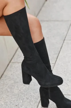 Kozaki Damskie Z Przeszyciami Na Słupkowym Obcasie Czarne Brivana