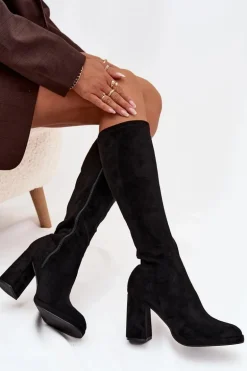 Kozaki Damskie Z Przeszyciami Na Słupkowym Obcasie Czarne Brivana