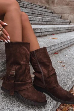 Kozaki Damskie Z Wywiniętą Cholewką Do Połowy Łydki Z Klamrą Czekoladowe Minelle