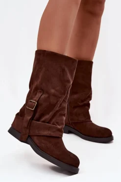 Kozaki Damskie Z Wywiniętą Cholewką Do Połowy Łydki Z Klamrą Czekoladowe Minelle