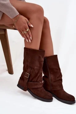 Kozaki Damskie Z Wywiniętą Cholewką Do Połowy Łydki Z Klamrą Czekoladowe Minelle