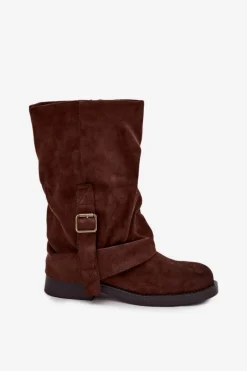 Kozaki Damskie Z Wywiniętą Cholewką Do Połowy Łydki Z Klamrą Czekoladowe Minelle