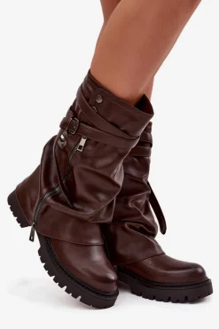 Kozaki Damskie Z Wywiniętą Cholewką Do Połowy Łydki Z Paskiem Czekoladowe Darisa