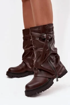 Kozaki Damskie Z Wywiniętą Cholewką Do Połowy Łydki Z Paskiem Czekoladowe Darisa