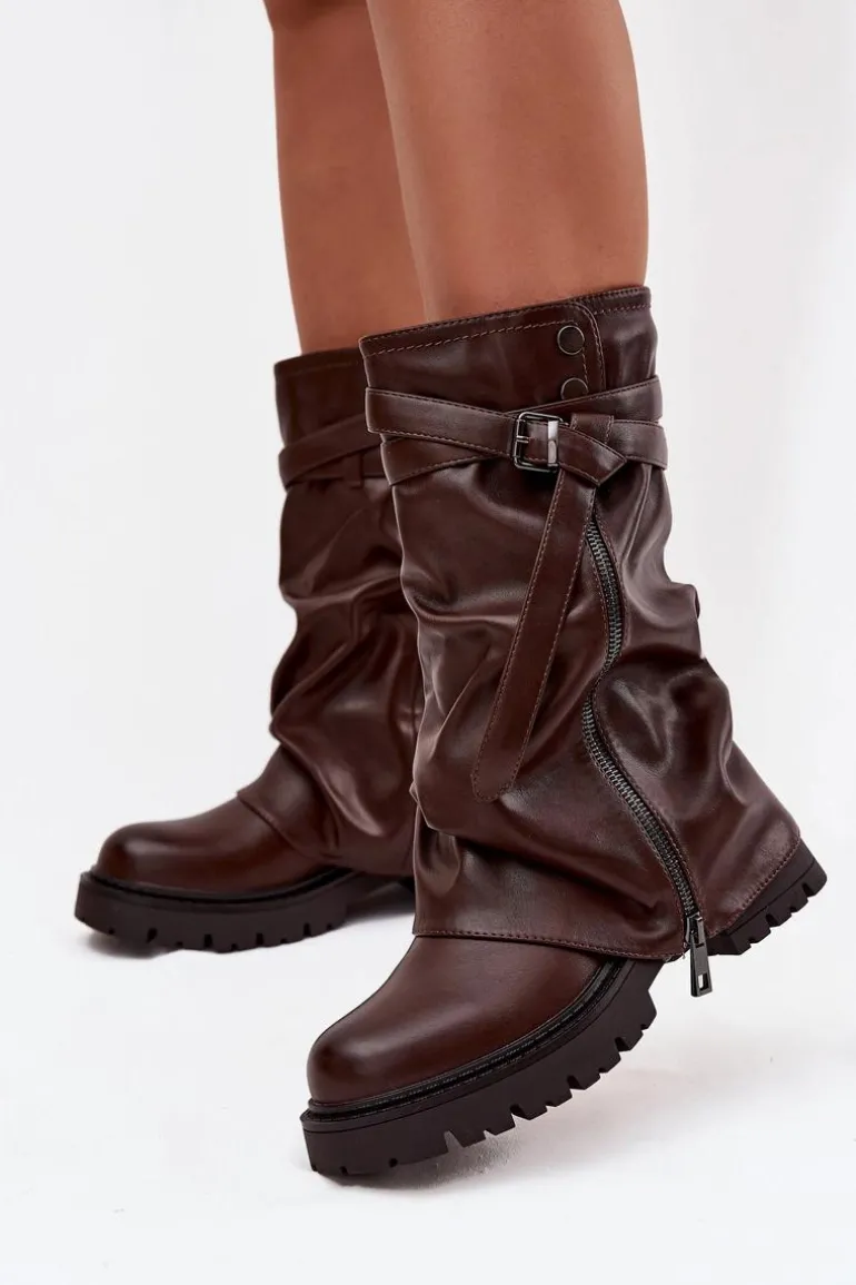 Kozaki Damskie Z Wywiniętą Cholewką Do Połowy Łydki Z Paskiem Czekoladowe Darisa