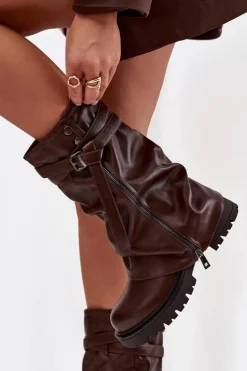 Kozaki Damskie Z Wywiniętą Cholewką Do Połowy Łydki Z Paskiem Czekoladowe Darisa