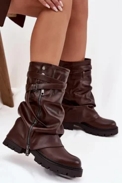 Kozaki Damskie Z Wywiniętą Cholewką Do Połowy Łydki Z Paskiem Czekoladowe Darisa