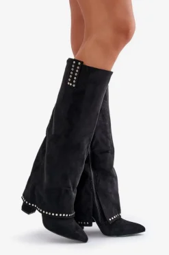 Kozaki Damskie Z Wywiniętą Cholewką Na Słupku Czarne Kaithena