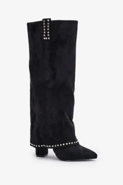 Kozaki Damskie Z Wywiniętą Cholewką Na Słupku Czarne Kaithena