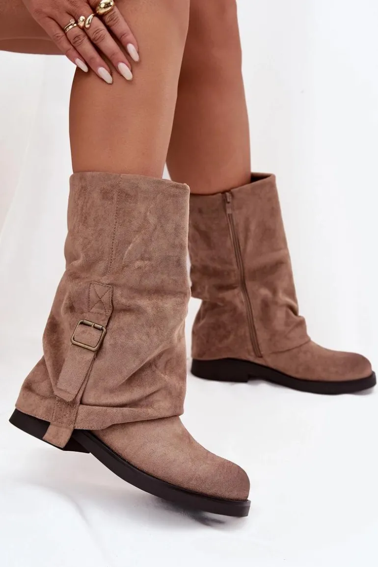 Kozaki Damskie Z Wywiniętą Cholewką Do Połowy Łydki Z Klamrą Khaki Minelle