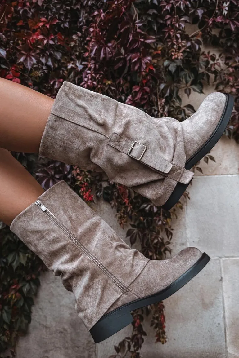 Kozaki Damskie Z Wywiniętą Cholewką Do Połowy Łydki Z Klamrą Khaki Minelle