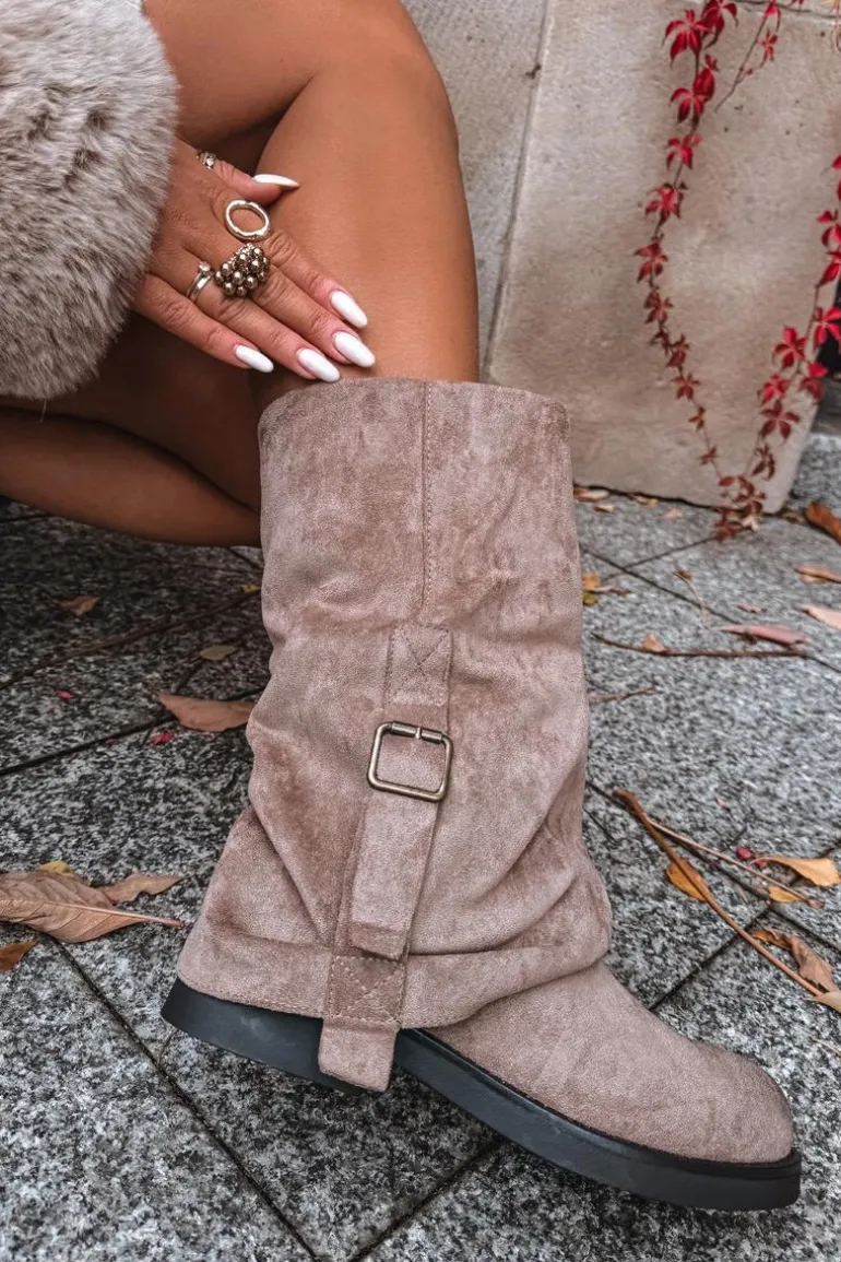 Kozaki Damskie Z Wywiniętą Cholewką Do Połowy Łydki Z Klamrą Khaki Minelle