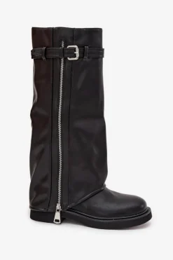 Kozaki Damskie Z Wywiniętą Cholewką Klamrą I Srebrnym Zamkiem Ocieplane Czarne Bressa