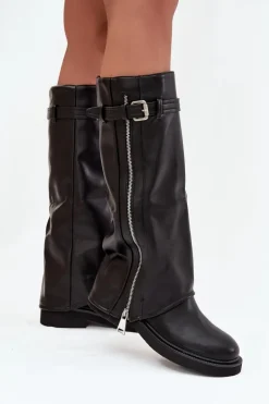 Kozaki Damskie Z Wywiniętą Cholewką Klamrą I Srebrnym Zamkiem Ocieplane Czarne Bressa