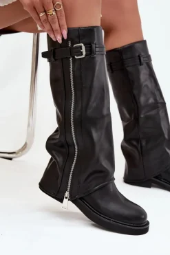 Kozaki Damskie Z Wywiniętą Cholewką Klamrą I Srebrnym Zamkiem Ocieplane Czarne Bressa