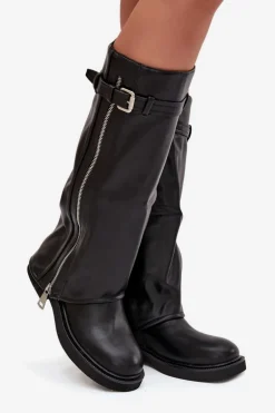 Kozaki Damskie Z Wywiniętą Cholewką Klamrą I Srebrnym Zamkiem Ocieplane Czarne Bressa