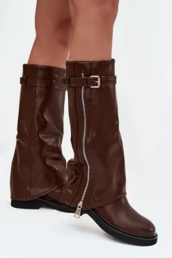 Kozaki Damskie Z Wywiniętą Cholewką Klamrą I Srebrnym Zamkiem Ocieplane Brązowe Bressa