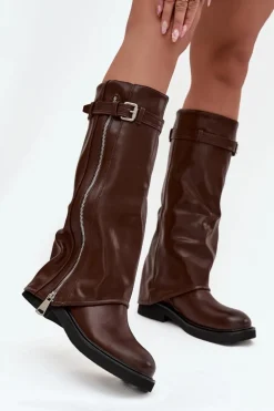 Kozaki Damskie Z Wywiniętą Cholewką Klamrą I Srebrnym Zamkiem Ocieplane Brązowe Bressa