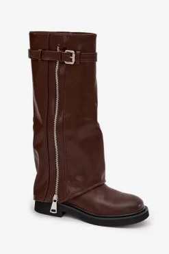 Kozaki Damskie Z Wywiniętą Cholewką Klamrą I Srebrnym Zamkiem Ocieplane Brązowe Bressa