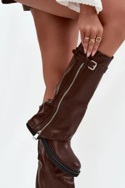 Kozaki Damskie Z Wywiniętą Cholewką Klamrą I Srebrnym Zamkiem Ocieplane Brązowe Bressa