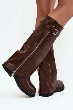 Kozaki Damskie Z Wywiniętą Cholewką Klamrą I Srebrnym Zamkiem Ocieplane Brązowe Bressa