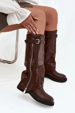 Kozaki Damskie Z Wywiniętą Cholewką Klamrą I Srebrnym Zamkiem Ocieplane Brązowe Bressa