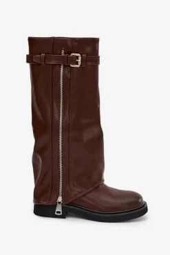 Kozaki Damskie Z Wywiniętą Cholewką Klamrą I Srebrnym Zamkiem Ocieplane Brązowe Bressa