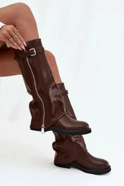 Kozaki Damskie Z Wywiniętą Cholewką Klamrą I Srebrnym Zamkiem Ocieplane Brązowe Bressa