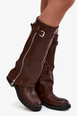 Kozaki Damskie Z Wywiniętą Cholewką Klamrą I Srebrnym Zamkiem Ocieplane Brązowe Bressa