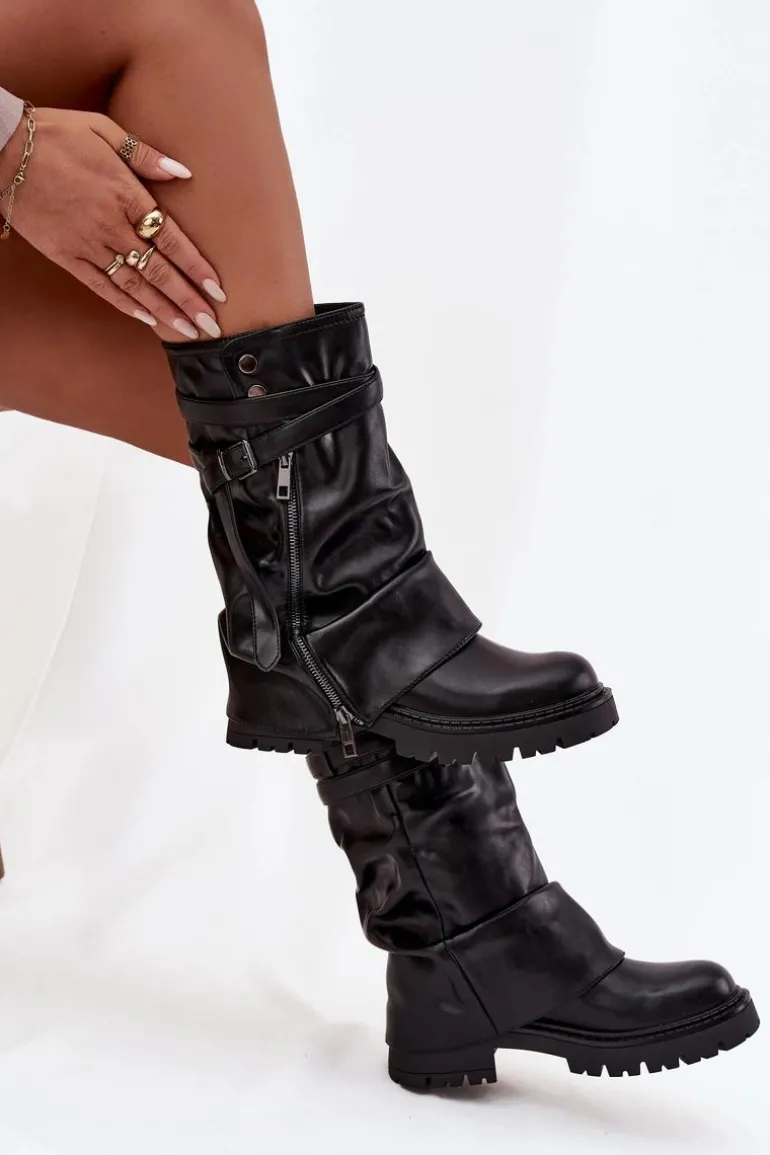 Kozaki Damskie Z Wywiniętą Cholewką Do Połowy Łydki Z Paskiem Czarne Darisa