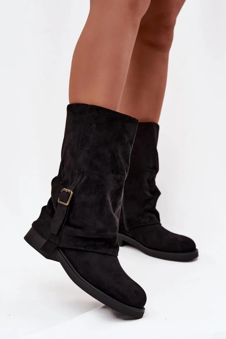 Kozaki Damskie Z Wywiniętą Cholewką Do Połowy Łydki Z Klamrą Czarne Minelle