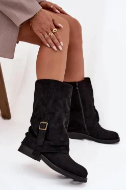 Kozaki Damskie Z Wywiniętą Cholewką Do Połowy Łydki Z Klamrą Czarne Minelle