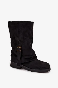 Kozaki Damskie Z Wywiniętą Cholewką Do Połowy Łydki Z Klamrą Czarne Minelle