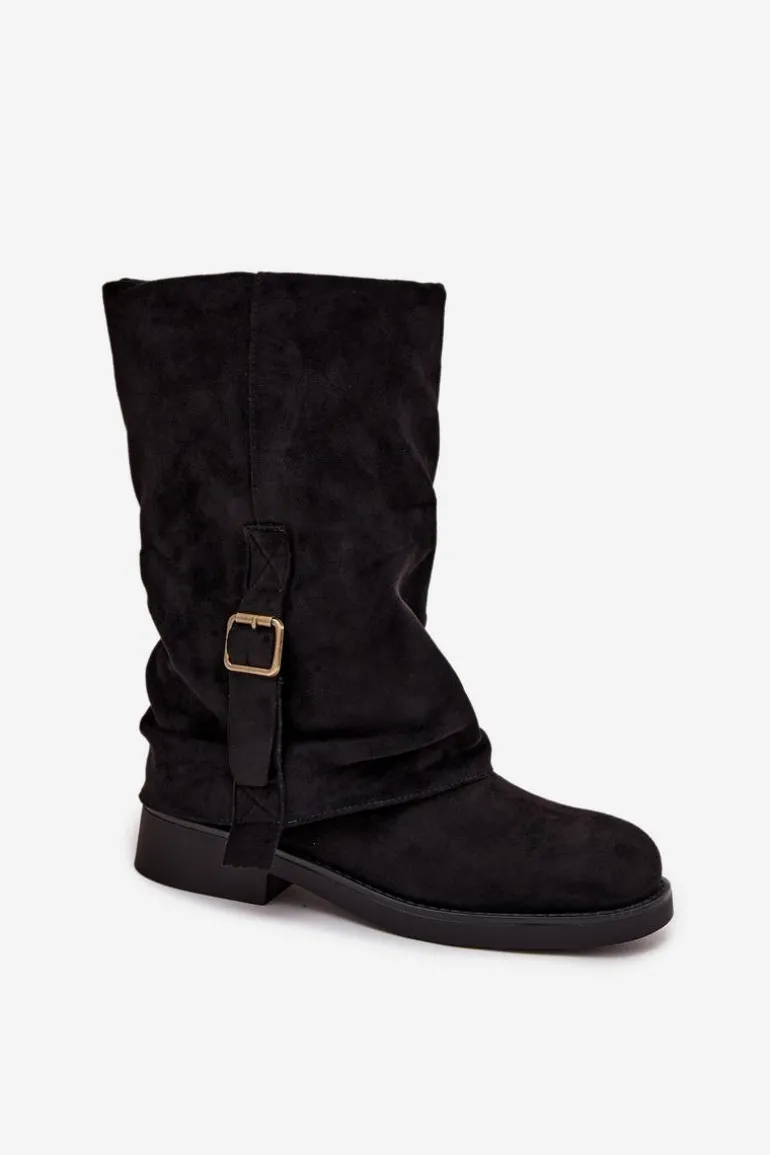 Kozaki Damskie Z Wywiniętą Cholewką Do Połowy Łydki Z Klamrą Czarne Minelle