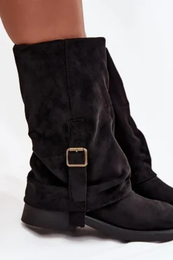Kozaki Damskie Z Wywiniętą Cholewką Do Połowy Łydki Z Klamrą Czarne Minelle