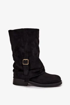 Kozaki Damskie Z Wywiniętą Cholewką Do Połowy Łydki Z Klamrą Czarne Minelle