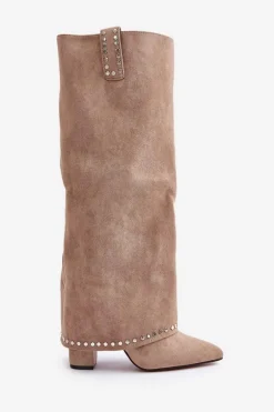 Kozaki Damskie Z Wywiniętą Cholewką Na Słupku Beżowe Kaithena