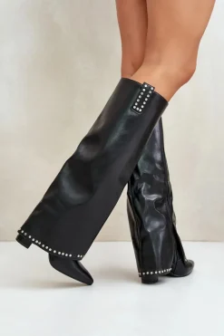 Kozaki Damskie Z Wywiniętą Cholewką Na Słupku Czarne Kaielia