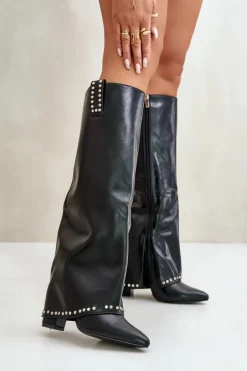 Kozaki Damskie Z Wywiniętą Cholewką Na Słupku Czarne Kaielia