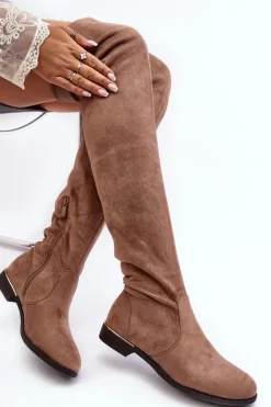 Kozaki Damskie Za Kolano Na Płaskim Obcasie Beżowe Bikka