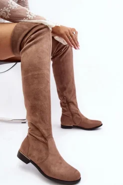 Kozaki Damskie Za Kolano Na Płaskim Obcasie Beżowe Bikka