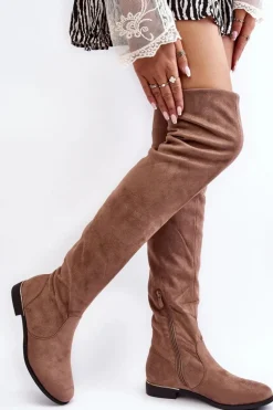 Kozaki Damskie Za Kolano Na Płaskim Obcasie Beżowe Bikka