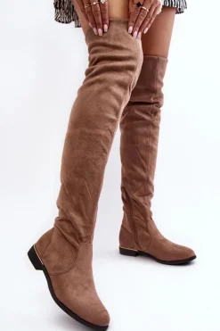 Kozaki Damskie Za Kolano Na Płaskim Obcasie Beżowe Bikka