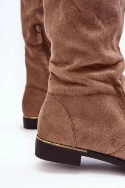 Kozaki Damskie Za Kolano Na Płaskim Obcasie Beżowe Bikka