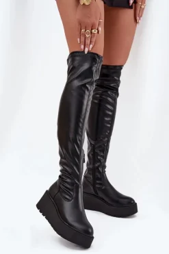 Kozaki Damskie Za Kolano Na Platformie I Delikatnym Koturnie Czarne Lydira