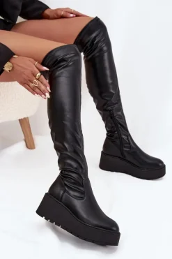 Kozaki Damskie Za Kolano Na Platformie I Delikatnym Koturnie Czarne Lydira