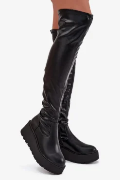 Kozaki Damskie Za Kolano Na Platformie I Delikatnym Koturnie Czarne Lydira